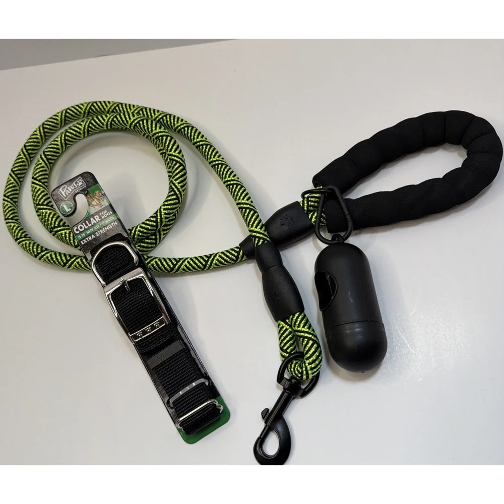 Braided Rope Leash Strong Reflective Lime Green 6ft  With Large Black Dog Collar